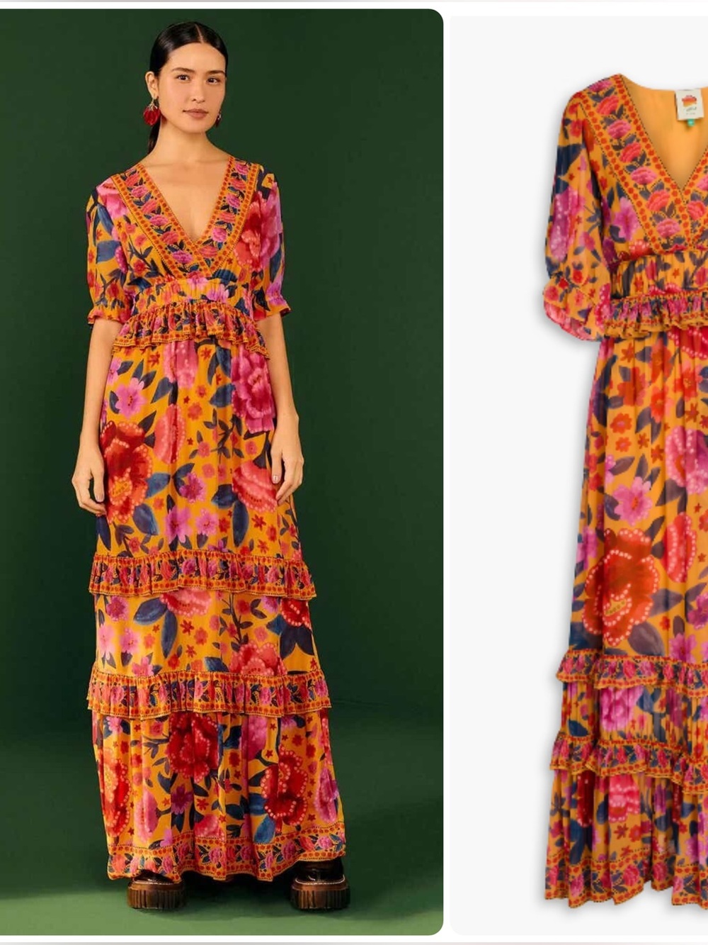 FARM Rio Ruffled Floral Print Georgette Maxi Dress Marigold XL NWOT - Picture 1 of 16